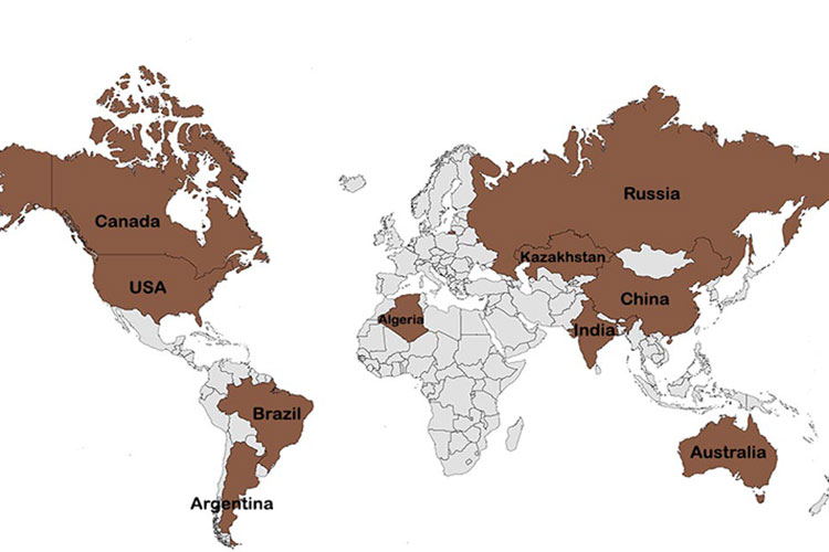 بزرگترین کشورهای جهان روسیه، چین، استرالیا و کانادا هستند.